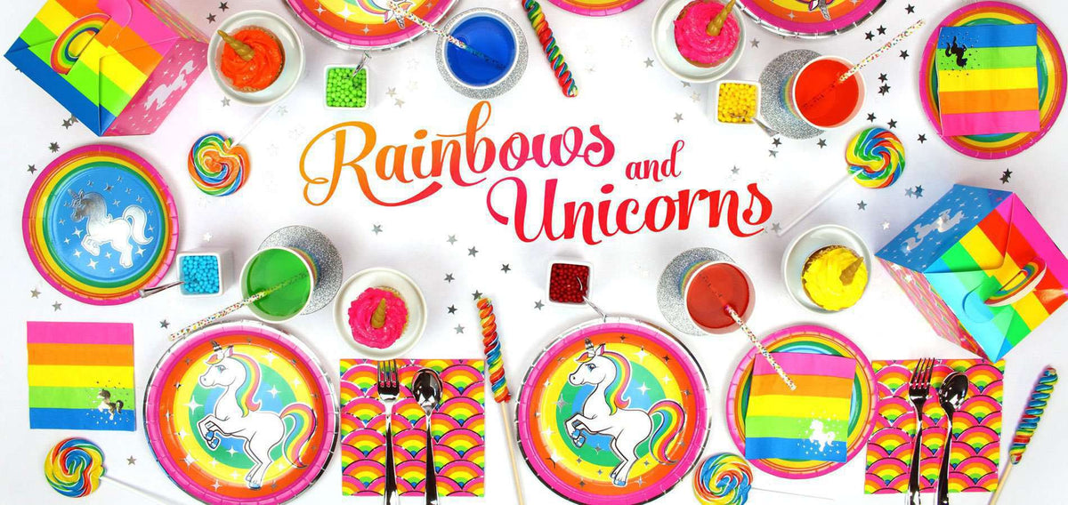 Happy Rainbow Party Supplies | Childrens Birthday Plates Cups Napkins Cover