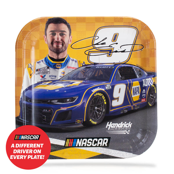 NASCAR-themed tray with driver's face, car, and branding on a white background