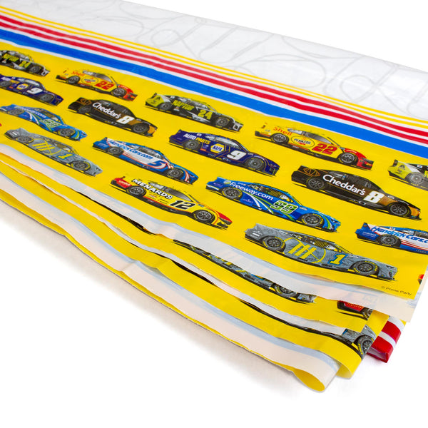 Close up detail of the NASCAR Table Cover form Prime Party showing the weight of the cover and the corners.