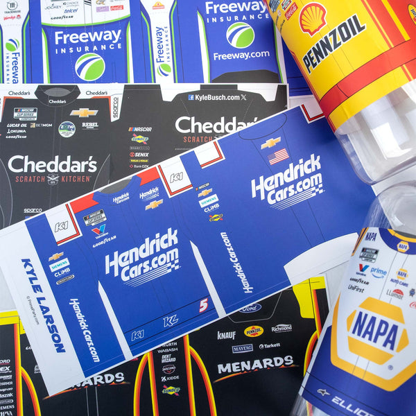 NASCAR Water bottle labels layed out with bottles from Prime Party