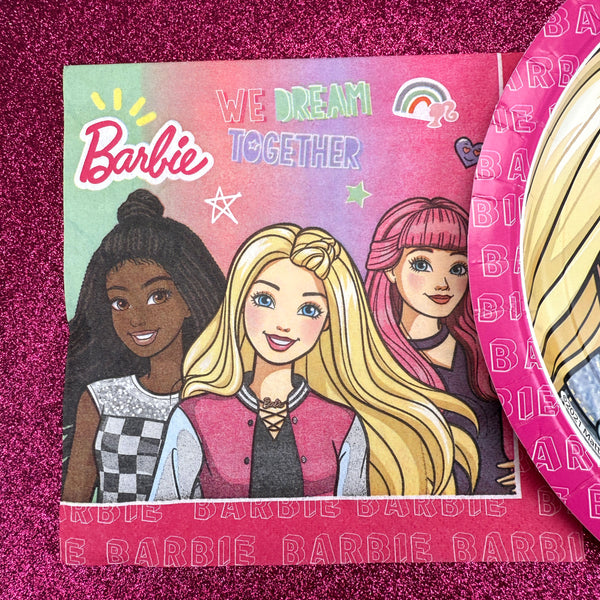 Add a splash of playful charm to your table setting with these Barbie-themed lunch napkins! Set against a vibrant ombré background, the napkins are decorated with fun and colorful icons like heart-shaped sunglasses, a retro boom box, rainbows, stars, and music notes—all with a touch of Barbie flair. The bold Barbie logo and whimsical doodles capture the energetic spirit of the brand, making these napkins a perfect match for birthday parties, themed events, or any celebration with a stylish twist. Soft, abso