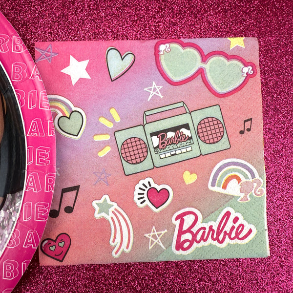 Celebrate friendship and big dreams with these Barbie beverage napkins, featuring a vibrant design of Barbie and her friends smiling confidently beneath the uplifting phrase “We Dream Together.” With a bold ombré background, rainbow accents, and sparkly outfit details, these napkins bring positive energy and girl power to the party. Compact yet absorbent, they’re perfect for serving drinks, dessert, or small bites at birthday parties, playdates, or any Barbie-themed celebration. These napkins not only keep