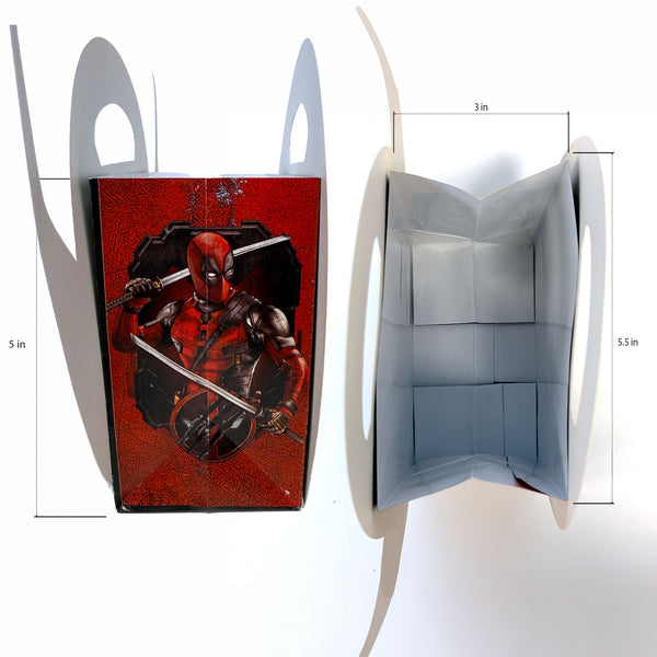 Cardboard box with a graphic of a superhero on a red background, open to show interior dimensions.