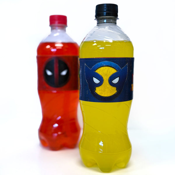 Two bottles with superhero-themed labels on a white background. Deadpool and Wolverine party drink bottles with themed labels, Marvel superhero decorations for birthday parties, BBQs, and movie watch parties with bold red and yellow styling.