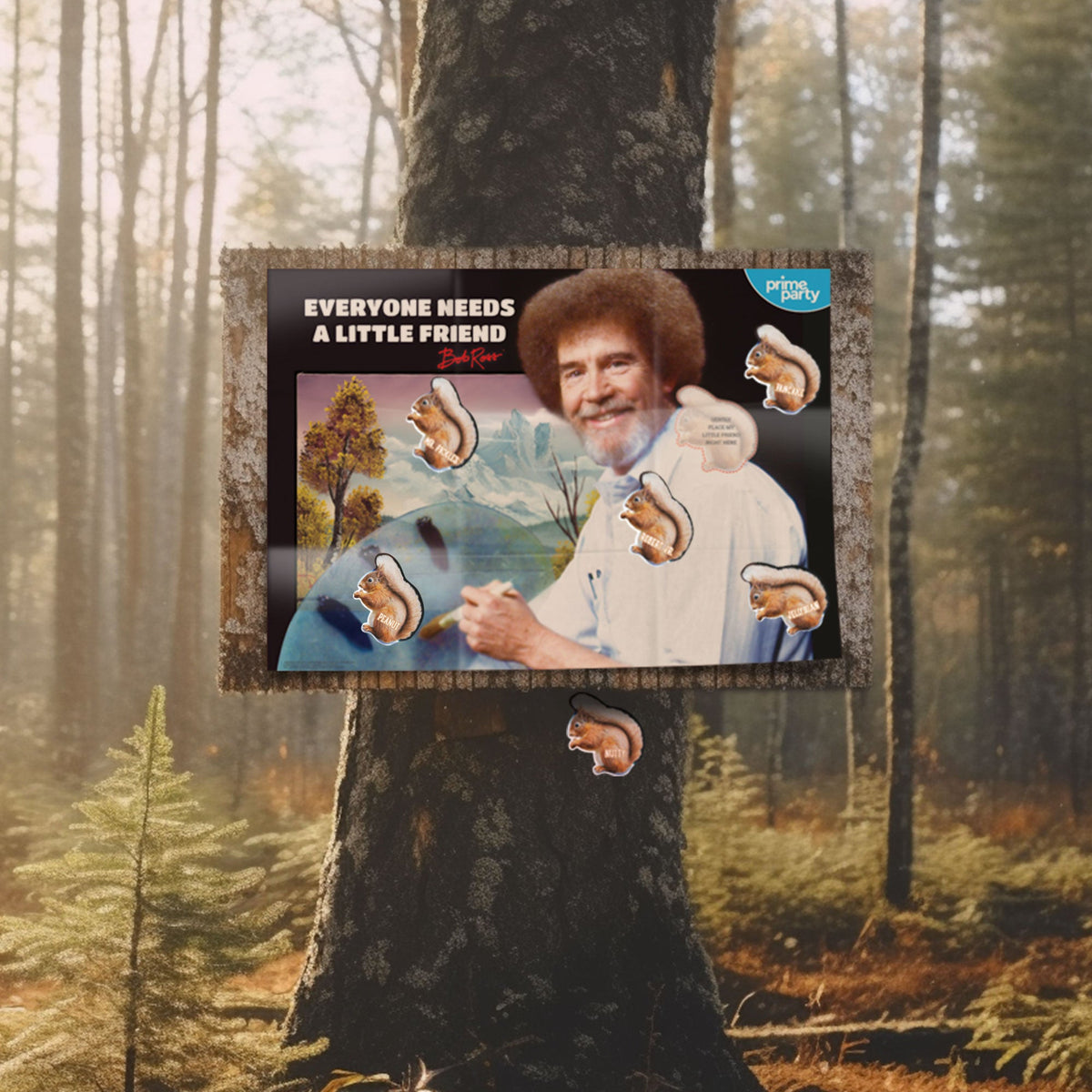 Pin-the-Squirrel on Bob Ross Party Game