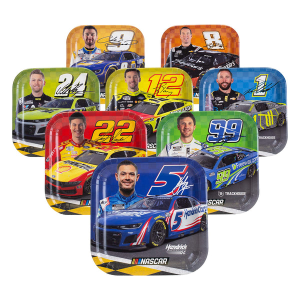 An eight piece collection of 9 inch NASCAR dinner plates showcasing drivers and their cars from Prime Party