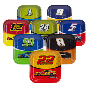An 8 pack of NASCAR dessert plates from Prime Party