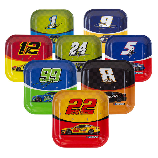 An 8 pack of NASCAR dessert plates from Prime Party
