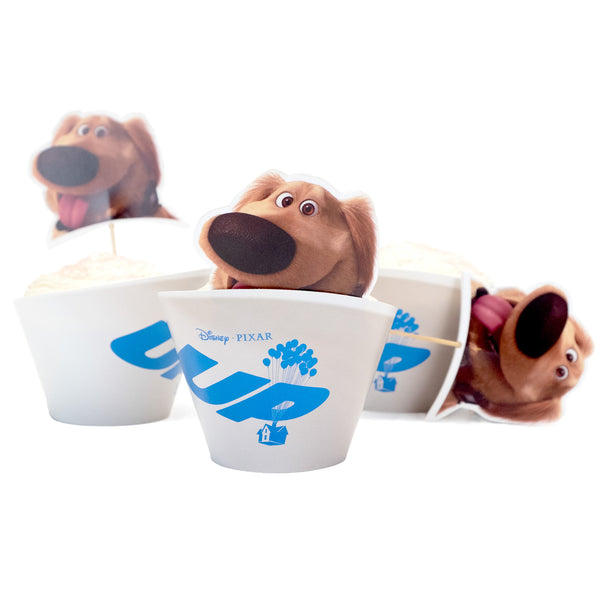 Plush dog toys with 'Up' branding in white bowls on a white background