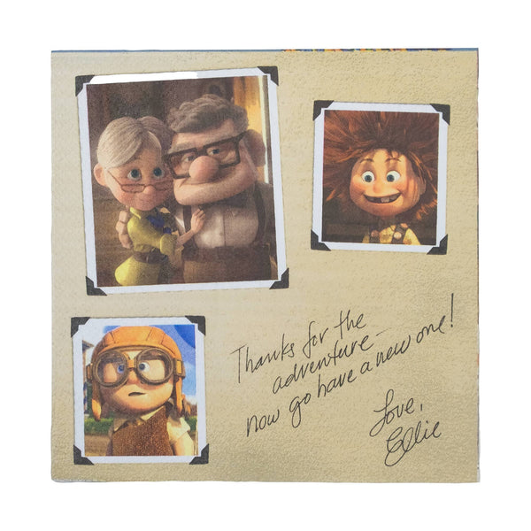 Card with animated characters and a handwritten message on a beige background