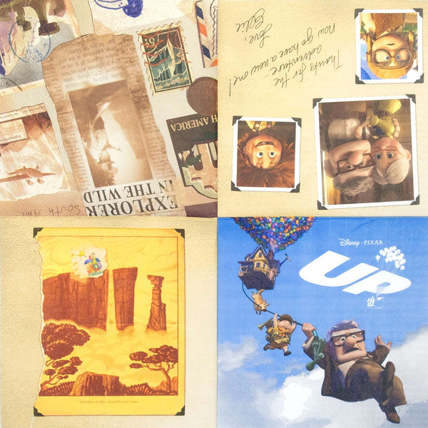 Collage of 'Up' themed items including a poster, postcards, and a yellow envelope.