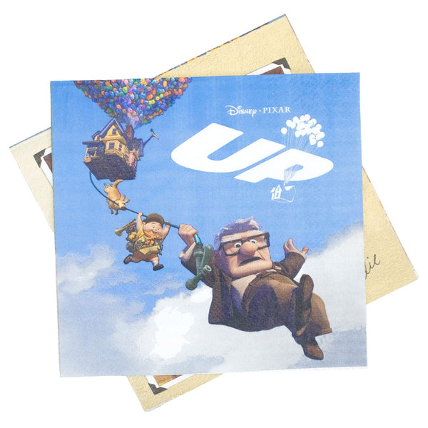 Card with 'Up' movie scene featuring Carl and Russell, with a house and balloons in the sky.