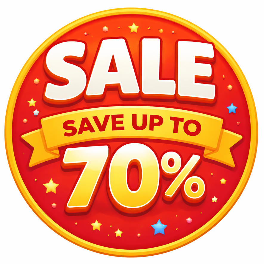 Sale label with 'Save up to 70%' text on a red background