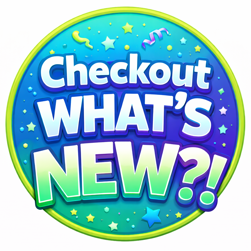 Circular graphic with colorful text 'Checkout WHAT'S NEW?!' on a white background
