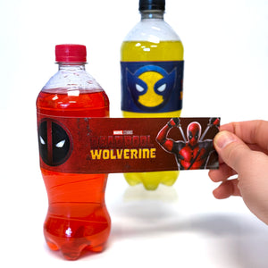 Two bottles with superhero-themed labels and a hand holding a Deadpool.  Deadpool and Wolverine bottle label wrap for party drinks, Marvel themed decoration for soda or water bottles, perfect for superhero birthday parties and adult celebration setupscard.