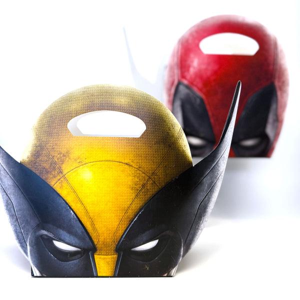 Two superhero masks, one yellow and black, the other red and black, on a white background. Deadpool and Wolverine Mask Images