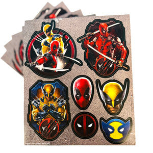 Set of superhero stickers featuring characters in action poses on a cardboard backing.