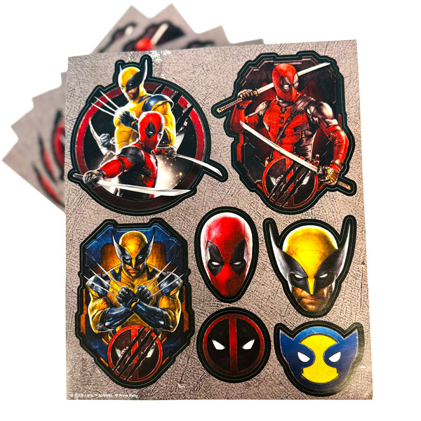 Set of superhero stickers featuring characters in action poses on a cardboard backing.