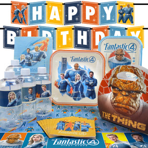 Fantastic Four birthday party setup featuring themed plates, napkins, cups, water bottles, a Happy Birthday banner, and a Thing character gift bag from The Fantastic Four: First Steps.