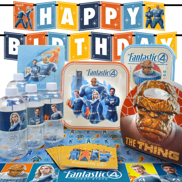 Fantastic Four birthday party setup featuring themed plates, napkins, cups, water bottles, a Happy Birthday banner, and a Thing character gift bag from The Fantastic Four: First Steps.