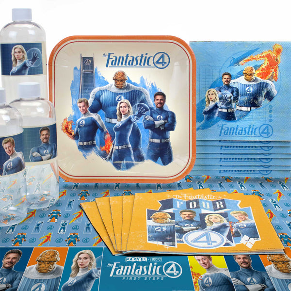 Fantastic Four themed basic party pack with superhero dinner plates, lunch napkins, bottle labels, and Marvel themed plastic table cover.