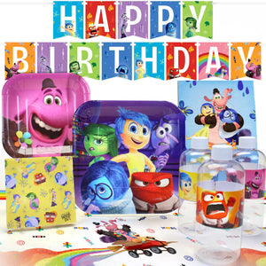 Inside Out themed standard birthday party pack with dinner plates, dessert plates, napkins, bottle labels, table cover, favor boxes, and Happy Birthday banner featuring colorful characters.