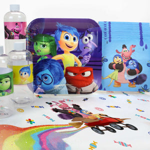 Inside Out themed basic party pack with character plates, lunch napkins, bottle labels, and plastic table cover featuring colorful animated characters.