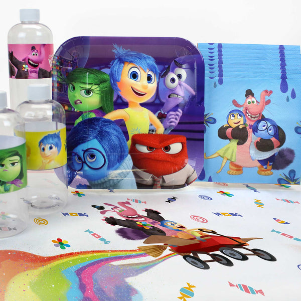 Inside Out themed basic party pack with character plates, lunch napkins, bottle labels, and plastic table cover featuring colorful animated characters.