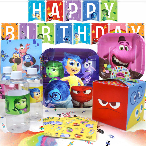 Inside Out deluxe birthday party pack with dinner plates, dessert plates, napkins, bottle labels, table cover, Happy Birthday banner, and character favor boxes.