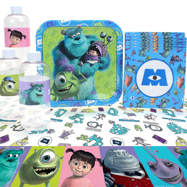 Monsters Inc themed basic party pack with Sulley and Boo dinner plates, character bottle labels, lunch napkins, and monster print plastic table cover.