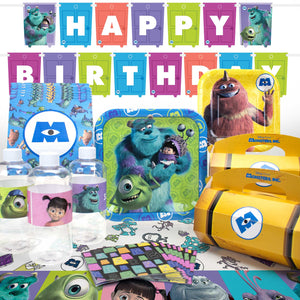 Monsters Inc deluxe birthday party pack with dinner plates, dessert plates, napkins, bottle labels, table cover, Happy Birthday banner, and yellow favor boxes.