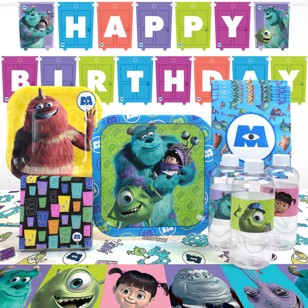 Monsters Inc standard party pack with dinner plates, dessert plates, napkins, bottle labels, table cover, and Happy Birthday banner featuring Sulley, Mike, and Boo.