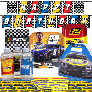 NASCAR-themed birthday party supplies including a banner, plates, cups, and bottles on a checkered background.