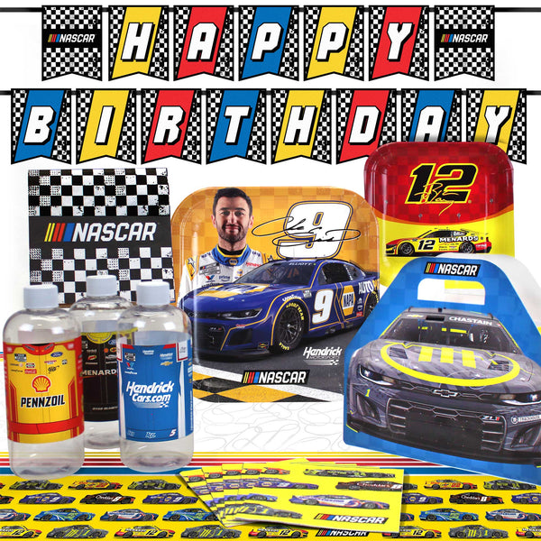 NASCAR-themed birthday party supplies including a banner, plates, cups, and bottles on a checkered background.