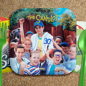 The Sandlot themed Plates, bottle lables, beverage and lunch napkins on a baseball/sand field background with colorful utensils