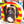 Round product with a dog holding a baseball on a red and yellow striped background