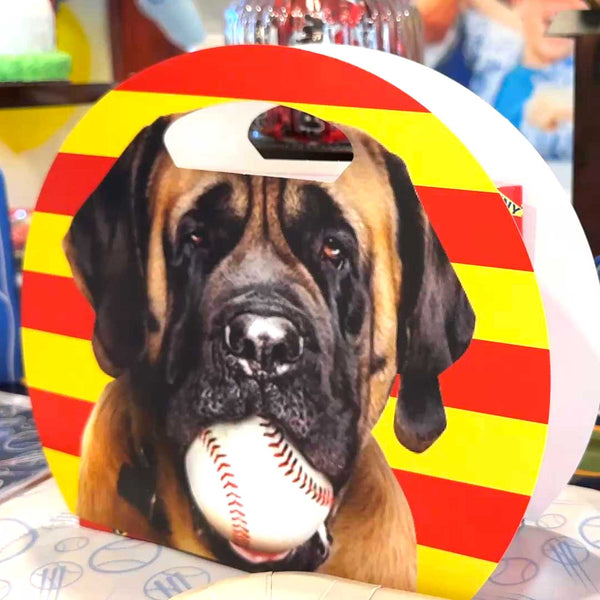 Round product with a dog holding a baseball on a red and yellow striped background