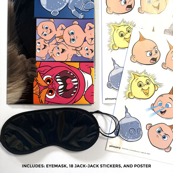 Incredibles 2 Pin-the-Tail game – poster, player stickers, and blindfold included
