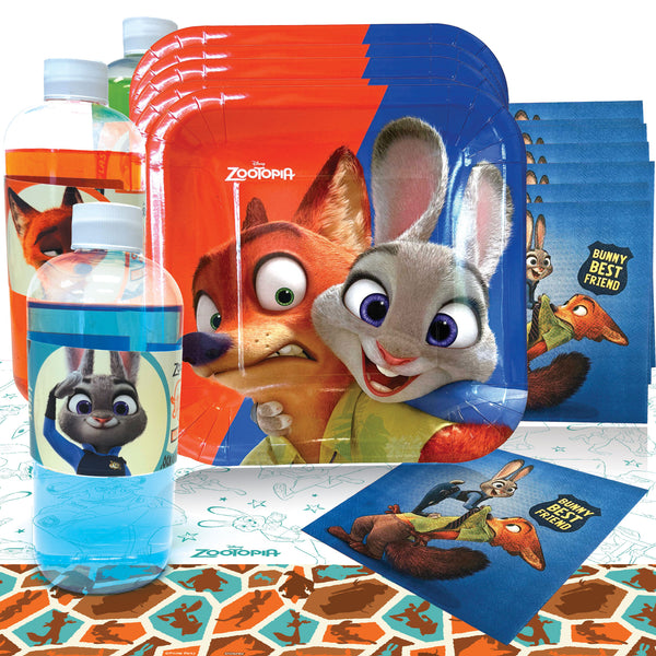 Zootopia Basic Party Pack box contents for 8, 16, or 24 guests