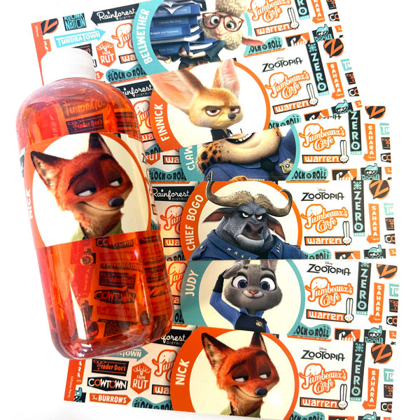 Zootopia 2 water bottle labels laid out