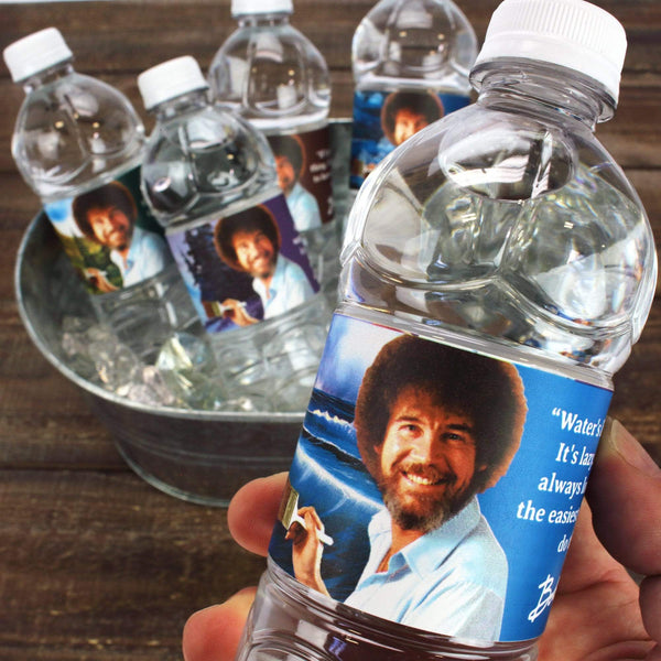 Bob Ross Water Bottle Labels, Waterproof Bottle Wraps - Set of 16 - Prime PartyWater Bottle Labels