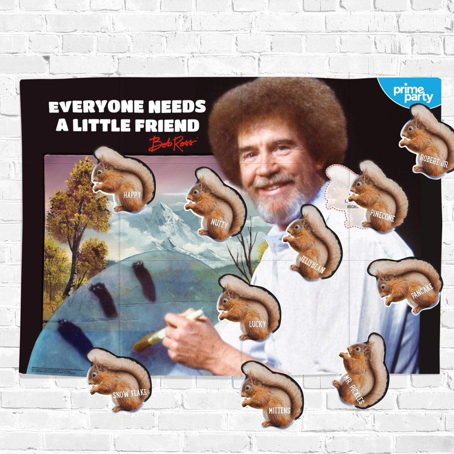 A party game box titled 'Pin-the-Squirrel-on-Bob-Ross' featuring a cartoon squirrel and painter's palette