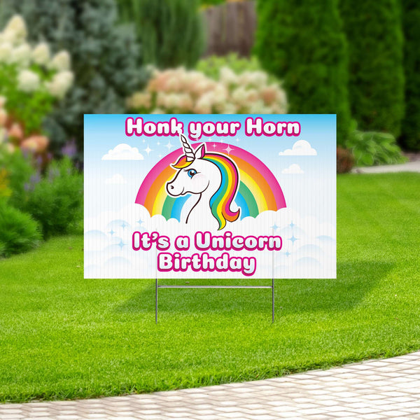 Rainbow Unicorn Yard Sign with Lawn Stakes, Honk it's my Birthday - Prime PartyYard Signs